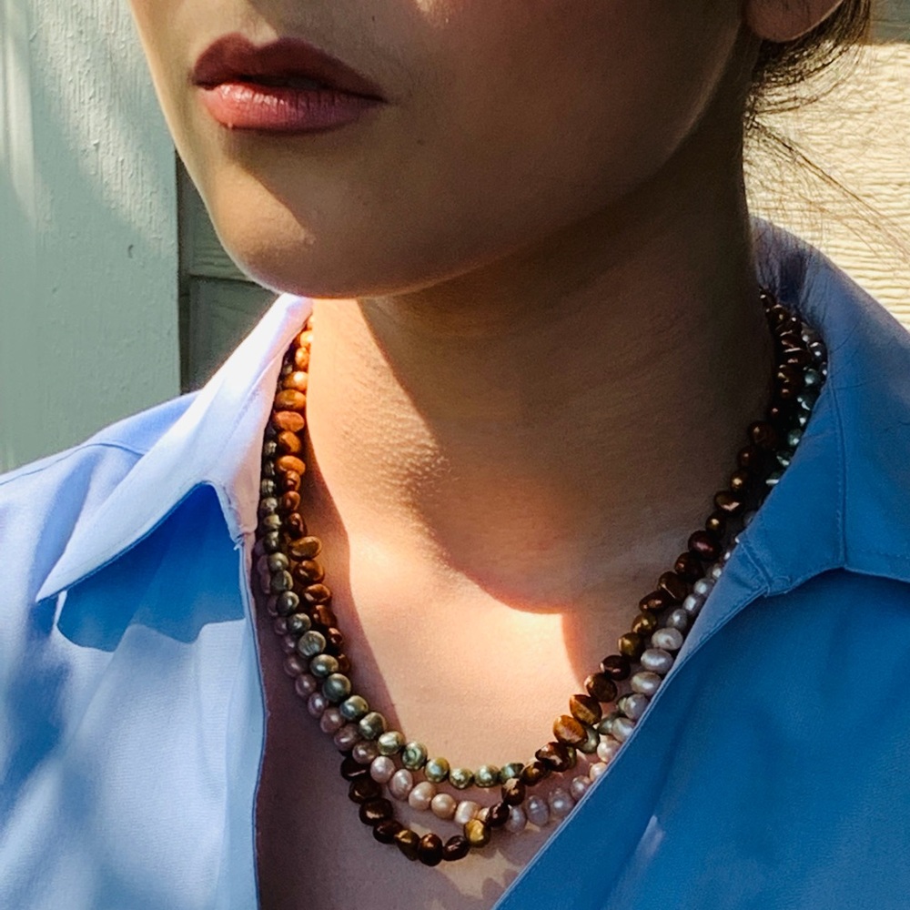 Copper, Green & Rose Pink Cultured Pearl Necklace